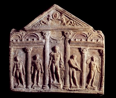 Placca decorativa in terracotta chiamata Campana che rappresenta un tempio con statue tra cui quella di Ercole al centro. Antica Roma. Parigi, Museo del Louvre da Roman Roman