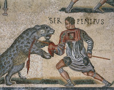 Dettaglio di un mosaico di una lotta di gladiatori, originariamente da Torre Nuova da Roman Roman