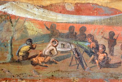(dettaglio) di un dipinto che raffigura una scena ambientata su intonaco lungo il Nilo con pigmei, 56x217 cm, da Pompei, Sito Patrimonio Mondiale dell