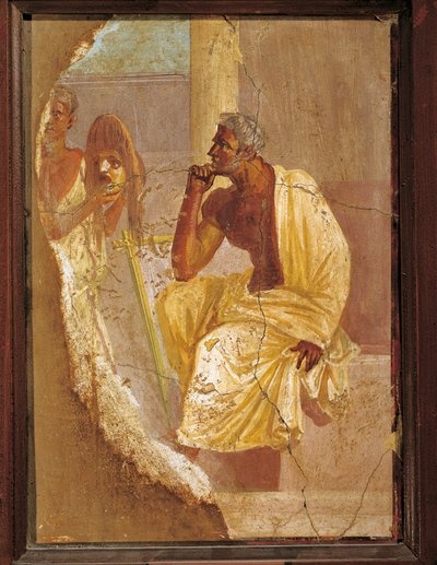 Affresco raffigurante attore e maschera tragica, da Pompei, Italia da Roman Roman