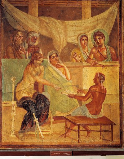 Affresco raffigurante Admeto e Alcesti che consultano l
