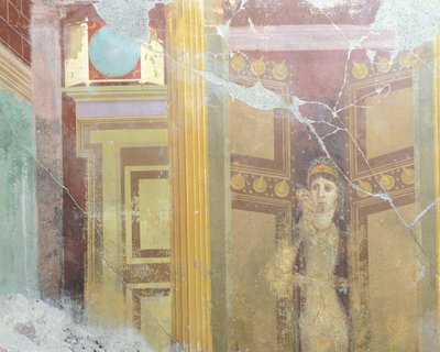Affresco che raffigura decorazione architettonica fittizia e figura di donna, dalla Casa di Fabio Rufo, Pompei, Campania, Civiltà Romana da Roman Roman