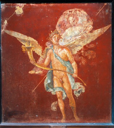 Affresco raffigurante Genio alato che porta una donna sulle spalle, dalla Casa del Naviglio, Pompei, Italia da Roman Roman