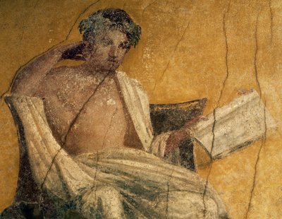 Drammaturgo greco Menandro, dettaglio da affresco, peristilio della Casa di Menandro, Pompei, Campania, Italia, civiltà romana da Roman Roman