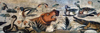 Fregio a mosaico da Pompei (casa del Fauno - scena nilotica - vita animale sul Nilo: ippopotamo, coccodrillo, serpente, anatre - arte romana - Museo Archeologico Nazionale, Napoli, Italia) da Roman Roman