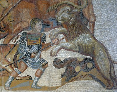 Mosaico che mostra una scena di caccia alle bestie selvatiche, dettaglio di un gladiatore che uccide un animale selvatico da Roman Roman