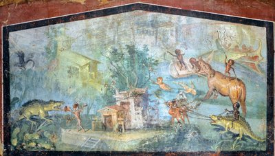 Dipinto su intonaco che raffigura una scena nilotica con pigmei che attaccano coccodrilli e ippopotami, 75x127 cm, da Pompei (Lista del Patrimonio Mondiale UNESCO) da Roman Roman