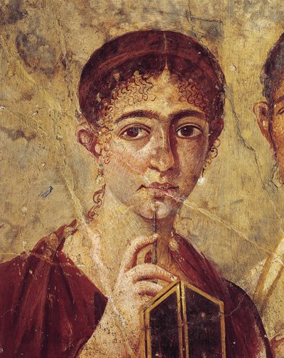 Ritratto del fornaio Terentius Neo e sua moglie in abiti formali, dettaglio della moglie con il suo stilo e dittico aperto dall