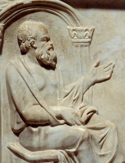 Antichità Romane, Sarcofago delle Muse: Socrate (469-399 a.C.) filosofo greco con la sua musa. Dettaglio Parigi Museo del Louvre da Roman Roman
