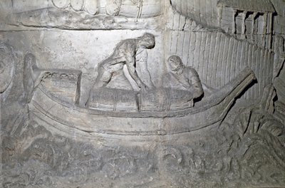 Arte romana: barca carica di provviste sul Danubio durante la Prima Guerra in Dacia. Stampo del 1862 che riproduce i bassorilievi della colonna di Traiano (Colonna Traiana) a Roma costruita durante il regno dell