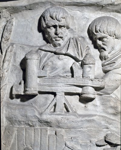 Arte romana: soldati romani vicino a una catapulta usata durante la prima guerra in Dacia. Stampo del 1862 che riproduce i bassorilievi della colonna di Traiano (Colonna Traiana) a Roma costruita durante il regno dell