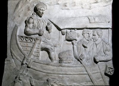 Arte romana: soldati romani su una nave durante la prima guerra in Dacia. Stampo del 1862 che riproduce i bassorilievi della colonna di Traiano a Roma costruita durante il regno dell
