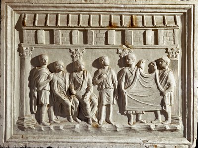 Arte romana: calco a basso rilievo che rappresenta un tessuto e arazzi. Da un originale del II secolo d.C. Roma, Museo della Civiltà Romana da Roman Roman