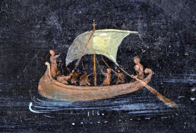 Arte romana: scena fluviale - barca e marinai su un fiume - frammento di un affresco di Pompei conservato al Museo Archeologico di Napoli, Italia da Roman Roman