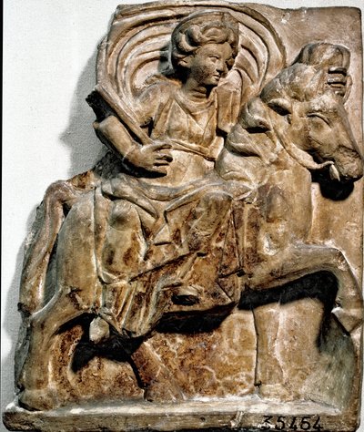 Arte romana: la dea Epona, divinità di origine gallica, patrona dei cavalieri e dei viaggiatori. Stele in calcare trovata a Gannat (Allier), Alvernia. Saint Germain en Laye. Museo delle Antichità Nazionali da Roman Roman