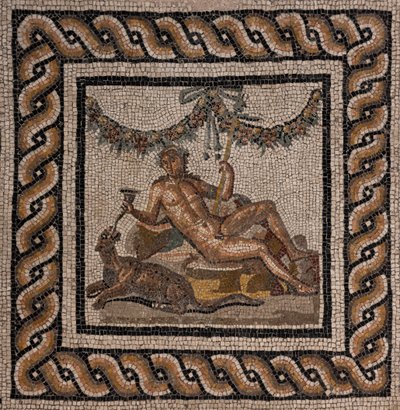 La casa di Dioniso, una delle domus romane di Ortaglia: dettaglio del pavimento a mosaico che rappresenta Dioniso e la pantera da Roman Roman