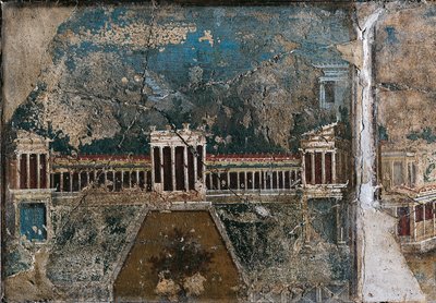 Affresco del terzo stile raffigurante paesaggio architettonico, (dettaglio) di edificio delimitato da portico colonnato, da Pompei da Roman Roman