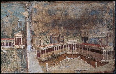 Affresco in terzo stile raffigurante paesaggio architettonico, (dettaglio) del portico colonnato, da Pompei da Roman Roman