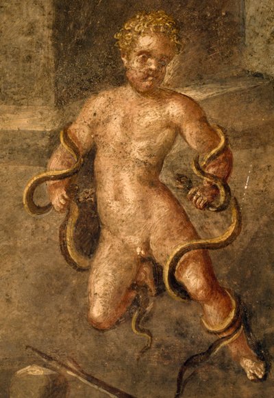 Giovane Eracle che strangola serpenti, dettaglio di affresco dall