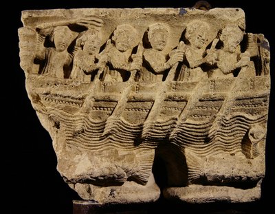 Capitello su colonne gemelle che raffigurano rematori in una barca da Romanesque