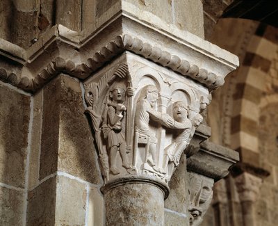 Esaù ritorna dalla caccia e si trova davanti a suo padre Isacco che sta benedicendo Giacobbe (capitello scolpito) da Romanesque