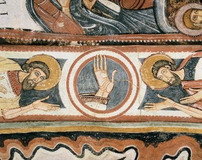 Arte romanica: La mano destra di Dio e i patriarchi Elia e Enoch. Dettaglio. Affresco della scuola di León (Spagna). 1132. Santuario della Vergine del Camino da Romanesque