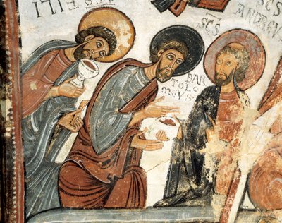 Arte romanica: gli apostoli Filippo, Bartolomeo e Andrea. Affresco del Voto della Cena, Chiesa di San Isidoro XII secolo Real Colegiata di San Isidoro, León da Romanesque