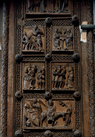Arte romanica: porta di legno della metà del XII secolo della Chiesa di Santa Maria del Campidoglio a Colonia, Germania (Sankt Maria im Kapitol, Koln). Scene che raffigurano l
