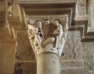 San Benedetto resuscita il figlio di un contadino, capitello del nartece (scultura) da Romanesque