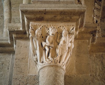 Il diavolo mostra una donna a San Benedetto per tentarlo, capitello del nartece (scultura) da Romanesque