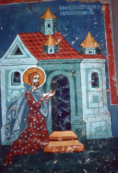 San Niceta che prega davanti a una chiesa da Romanian School