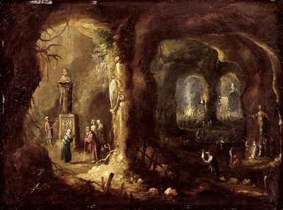 Grotta con statue e numerose figure che adorano idoli (San Simeone Stilita) da Rombout van Troyen
