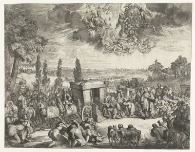 Carlo II di Spagna inginocchiato vicino a una carrozza da Romeyn de Hooghe