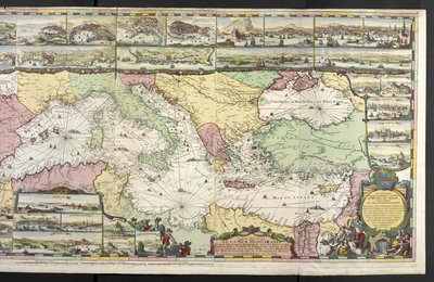 Mappa del Mediterraneo con figure allegoriche e mostri marini che abbelliscono gli inserti, da 