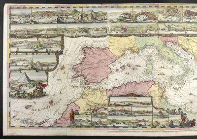 Mappa del Mediterraneo con figure allegoriche e mostri marini che abbelliscono gli inserti, da 