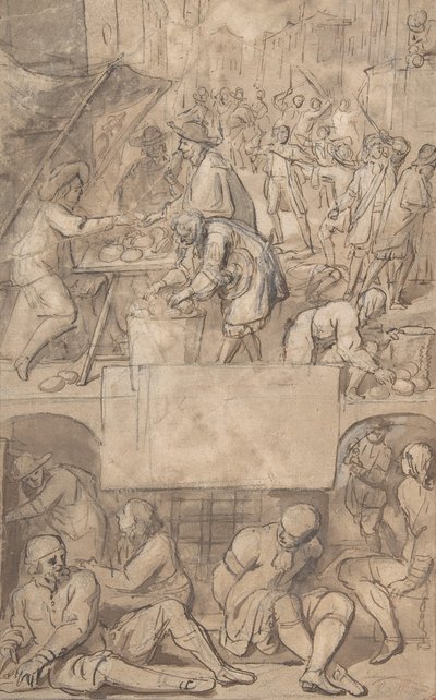 Studio per una pagina del titolo: Allegoria del commercio e prigione per debitori da Romeyn de Hooghe.