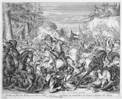 Ciclo di stampe di Vienna, cavalleria polacca che inizia la battaglia nella foresta di Vienna, 1683 da Romeyn de Hooghe