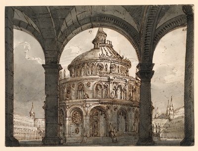 Progetto scenico, atrio con il Tempio degli Ospitalieri per l