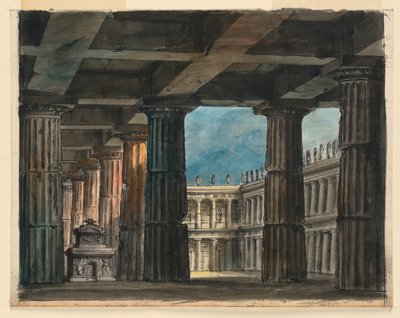 Progetto scenico, loggia e cortile classici da Romolo Achille Liverani