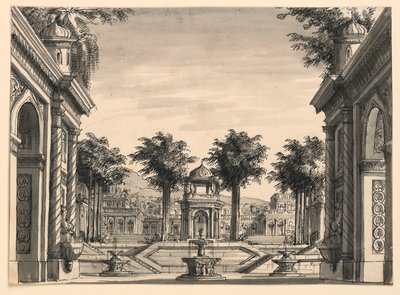 Scenografia, giardino del palazzo indiano per il balletto "Gengis Khan" di Luigi Henry da Romolo Achille Liverani