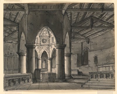 Progetto scenografico, interno di cappella gotica da Romolo Achille Liverani