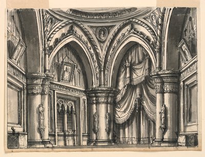 Progetto di Scenografia, Interno di Sala Gotica Alta con Archi Ogivali da Romolo Achille Liverani