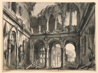 Scenografia, interno di un palazzo rinascimentale in rovina da Romolo Achille Liverani