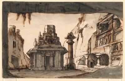Scenografia, edifici orientali tra grotte e rocce da Romolo Achille Liverani