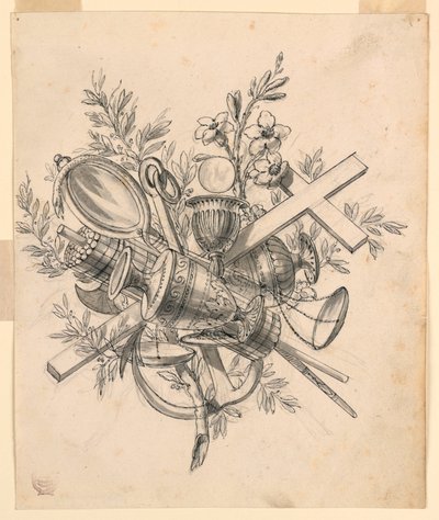 Trofeo con simboli delle virtù da Romolo Achille Liverani