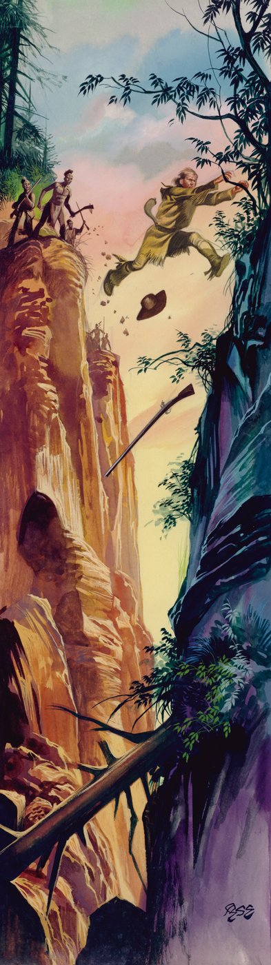 American frontiersman being chased by native American Indians (gouache on paper) da Ron Embleton