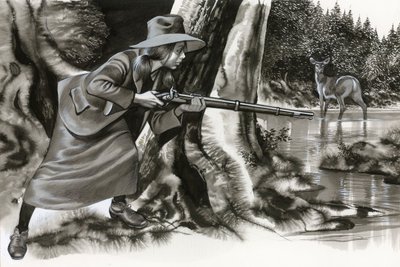 Annie Oakley che spara a un cervo da Ron Embleton