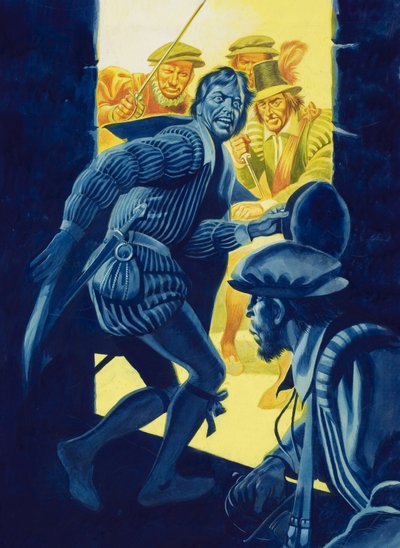 Assassinio di Enrico I (1550-88) Il Duca di Guisa a Blois (gouache su carta) da Ron Embleton