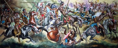 Battaglia tra nativi americani e soldati (gouache su carta) da Ron Embleton