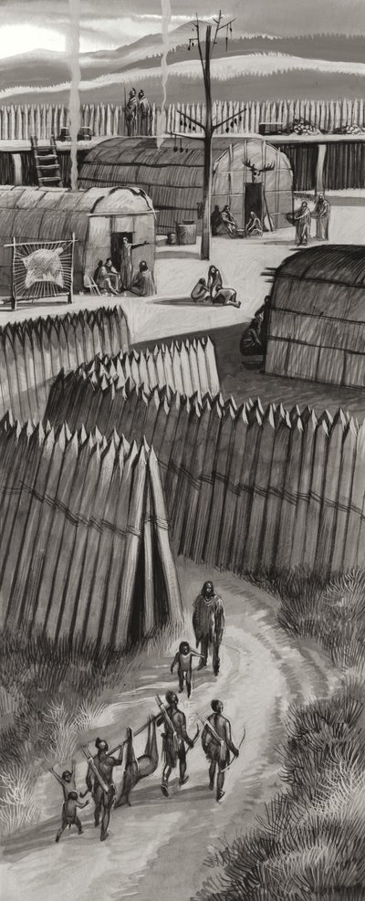 Villaggio Huron fortificato (gouache su carta) da Ron Embleton
